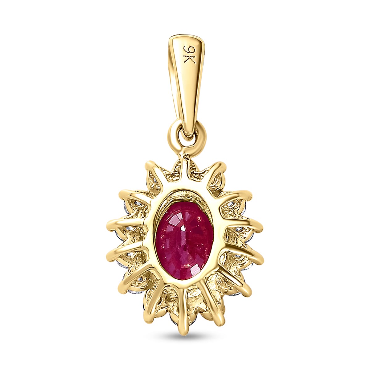 9K Yellow Gold Ruby and Diamond (I3-G-H) Pendant 1.12 Ct.