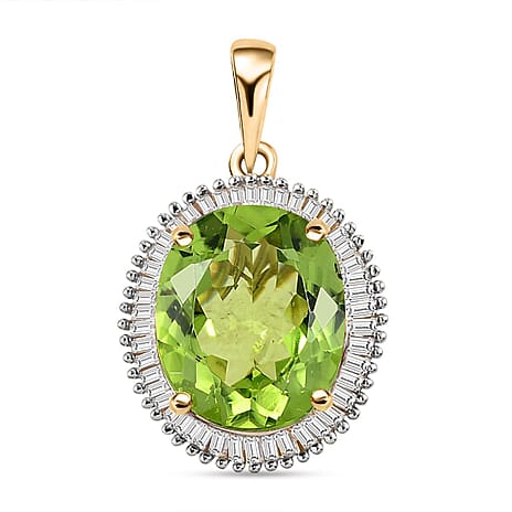 9K Yellow Gold Natural Hebei Peridot and Diamond Halo Pendant 5.41 Ct.