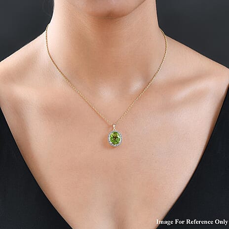 9K Yellow Gold Natural Hebei Peridot and Diamond Halo Pendant 5.41 Ct.