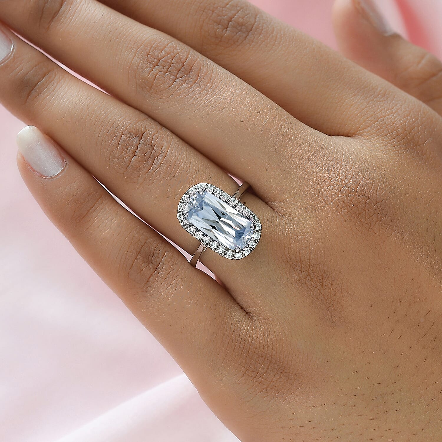 Moissanite Ring in Platinum Overlay Sterling Silver 4.356 Ct.