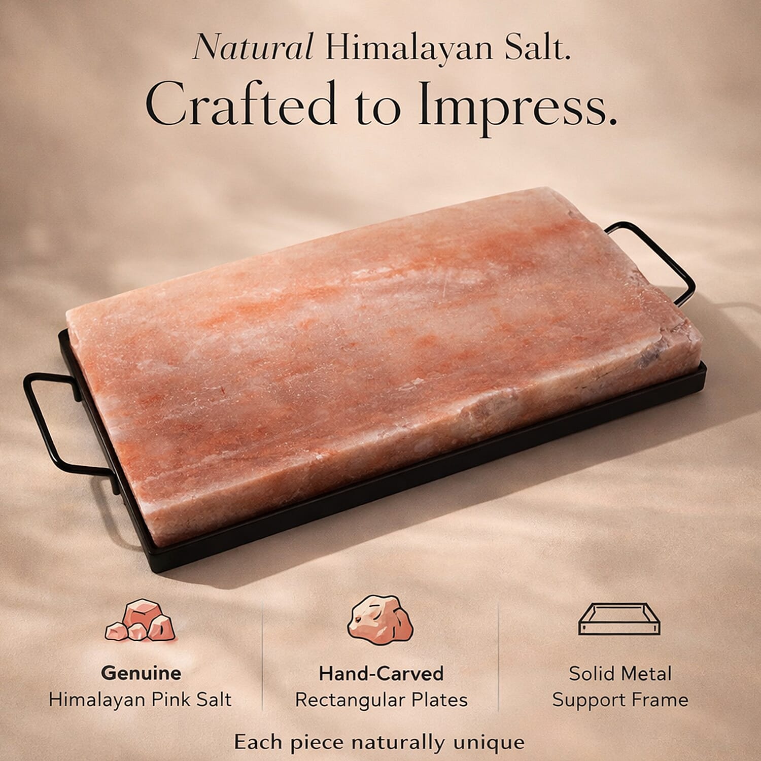 Himalayan Salt Rectangular Shape Salt Plates with Metal Holder (Size 40x20x5 cm) 12.50 Kgs