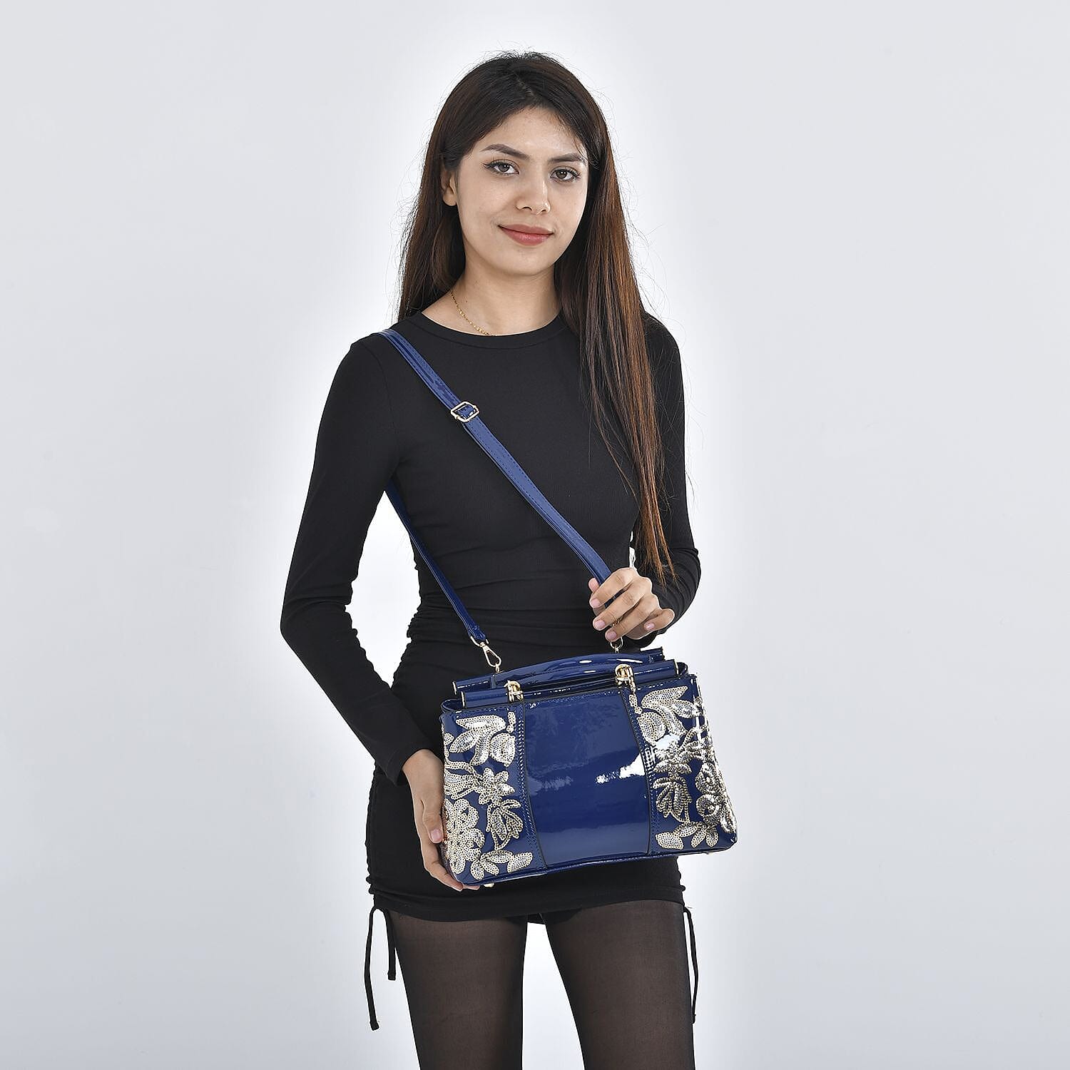 Closeout Deal - Designer Inspired Sequin Hand Embroidered Handbag - Navy Blue