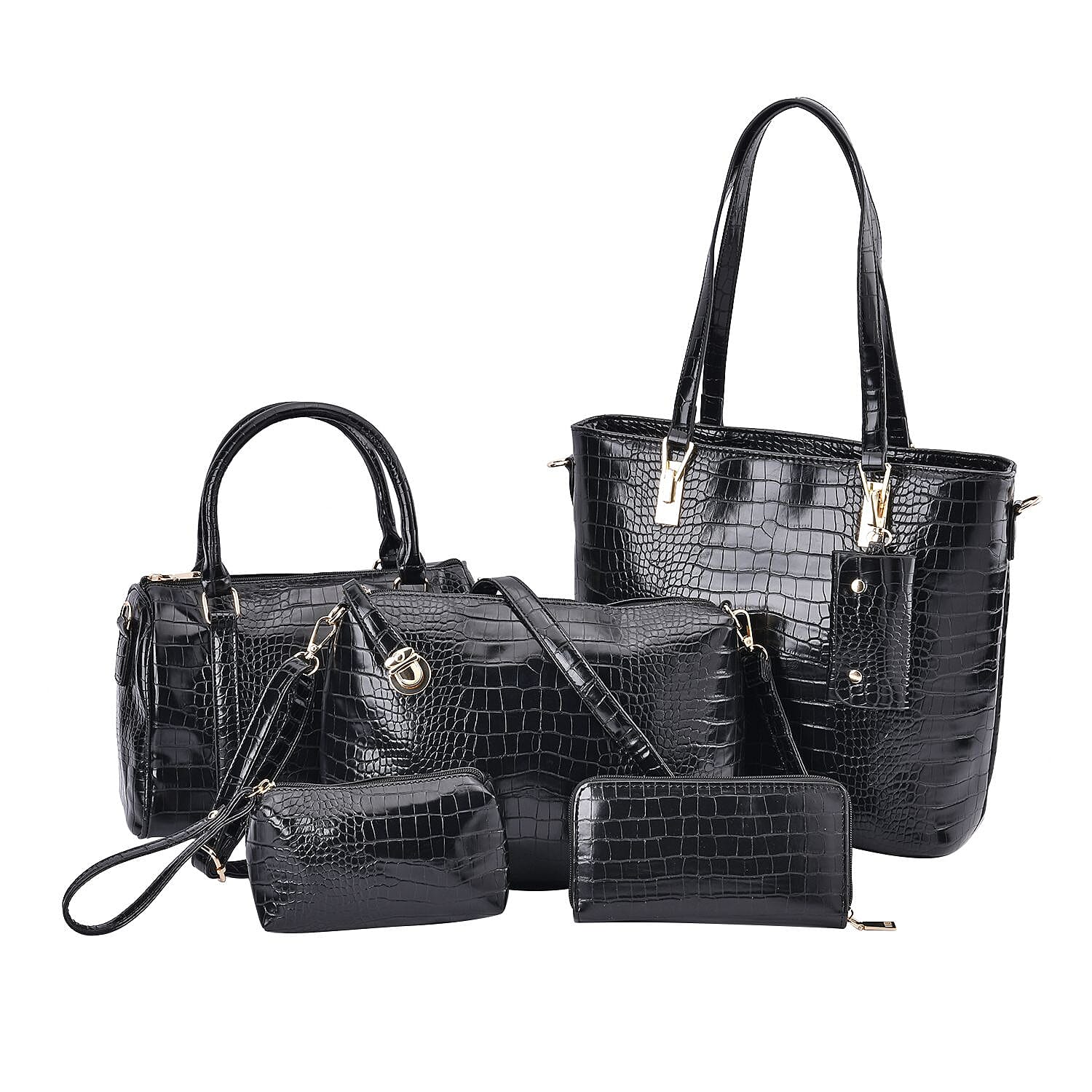Closeout Deal - Set of 6 Croc Embossed Handbags - Black