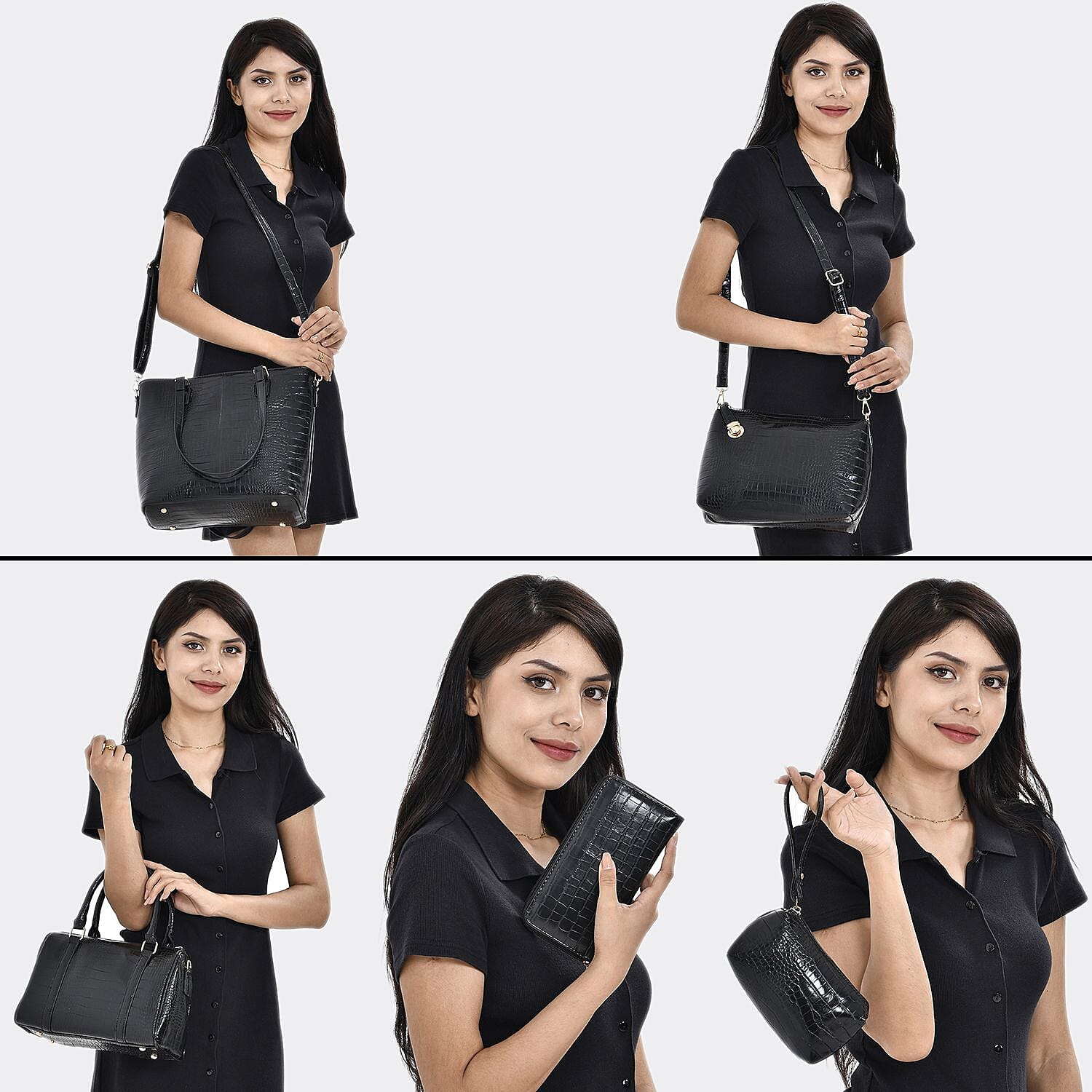 Closeout Deal - Set of 6 Croc Embossed Handbags - Black