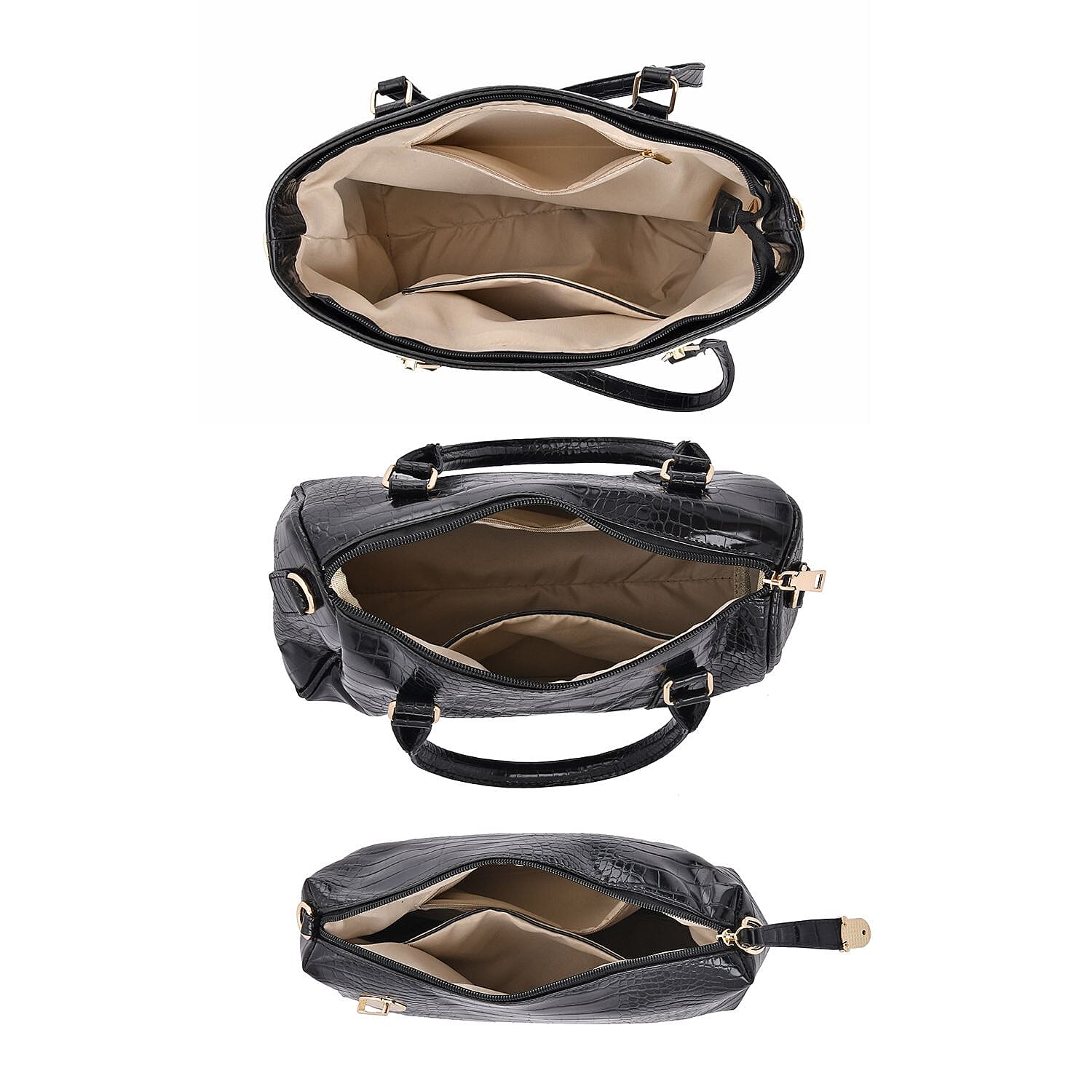 Closeout Deal - Set of 6 Croc Embossed Handbags - Black