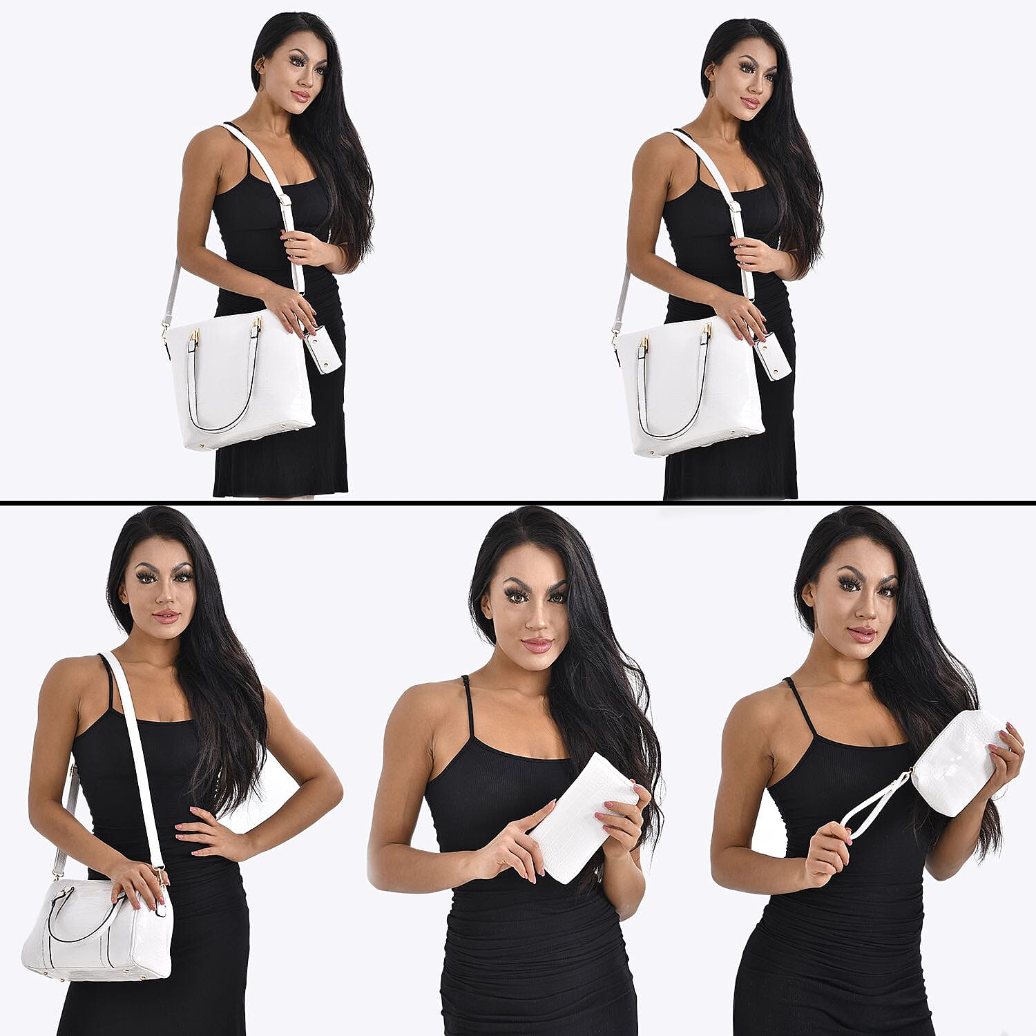 Closeout Deal - Set of 6 Croc Embossed Handbags - White