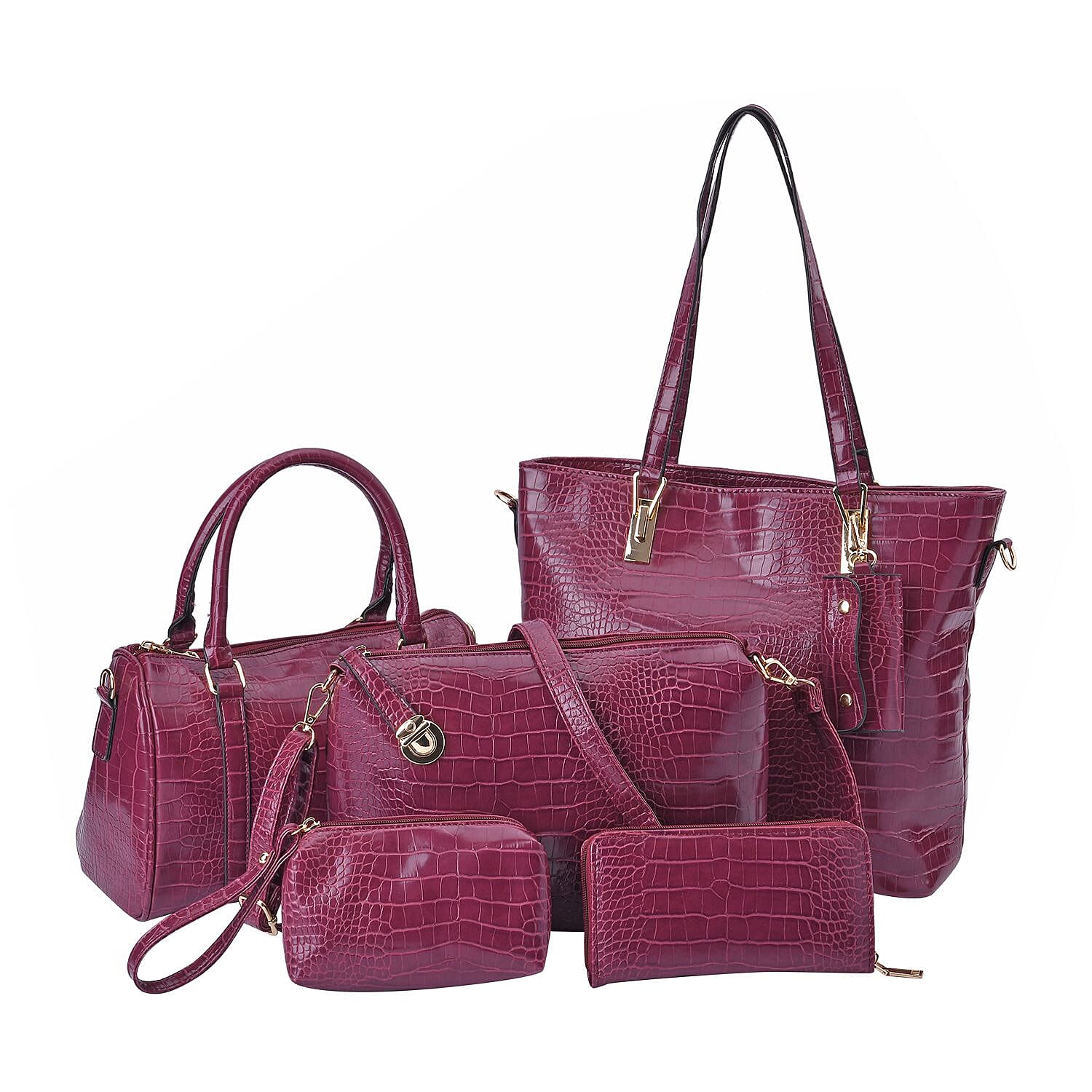 Value Buy -Closeout Deal - Set of 6 Croc Embossed Handbags - Ox Blood