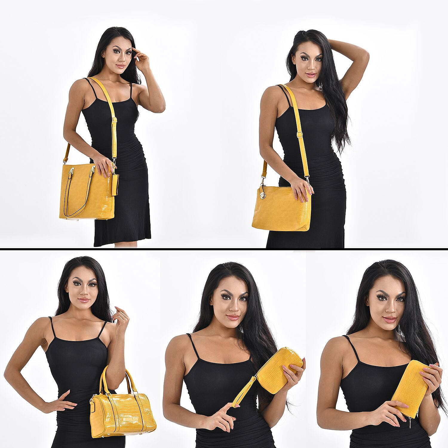 Closeout Deal - Set of 6 Croc Embossed Handbags- Mustard