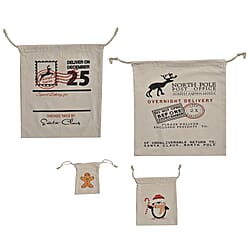 Set of 4 - Eco-Friendly 100% Cotton Reusable Drawstring Christmas Gift Bags