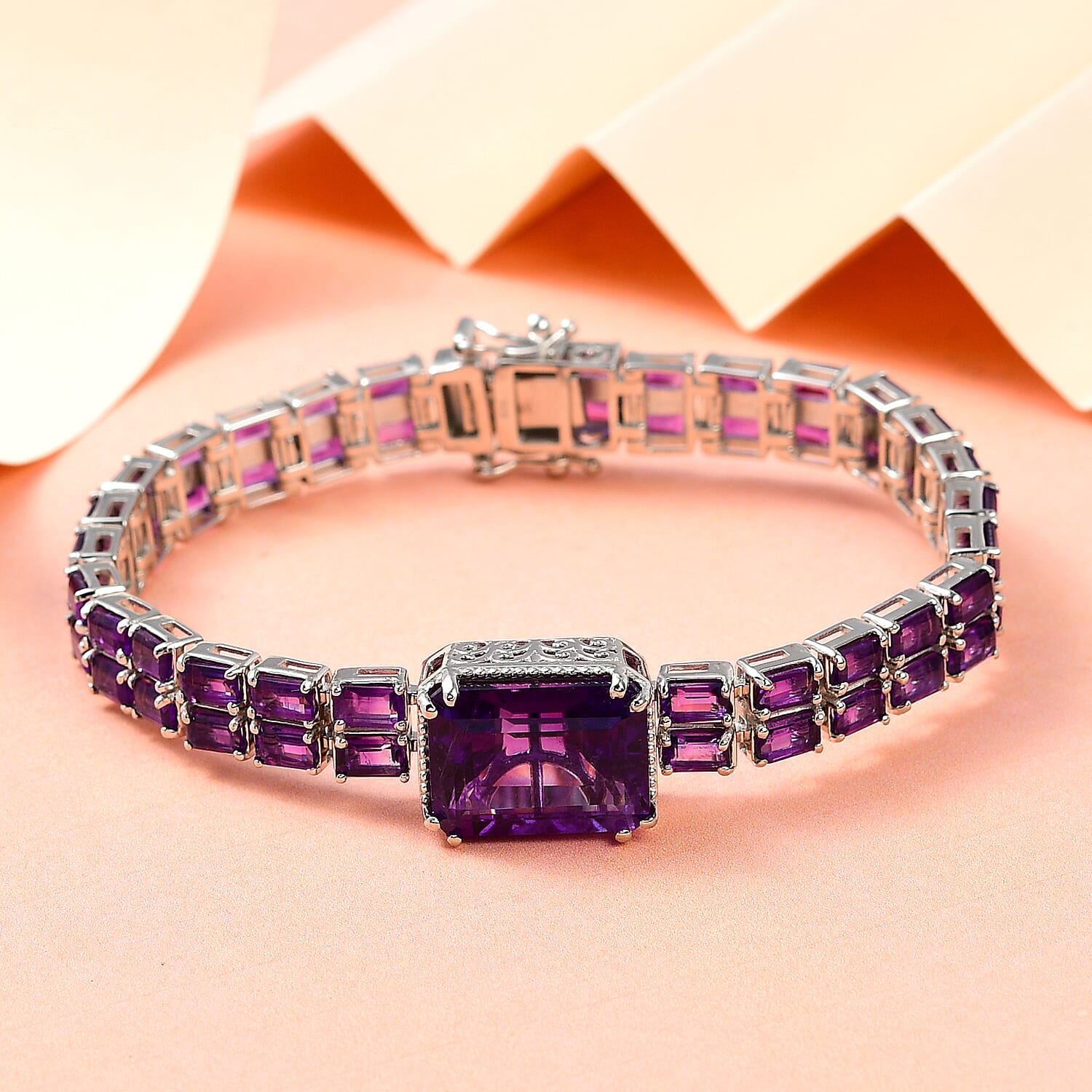 Zambian Amethyst Bracelet (Size - 7.5) in Platinum Overlay Sterling Silver 27.47 Ct, Silver Wt. 22.20 Gms