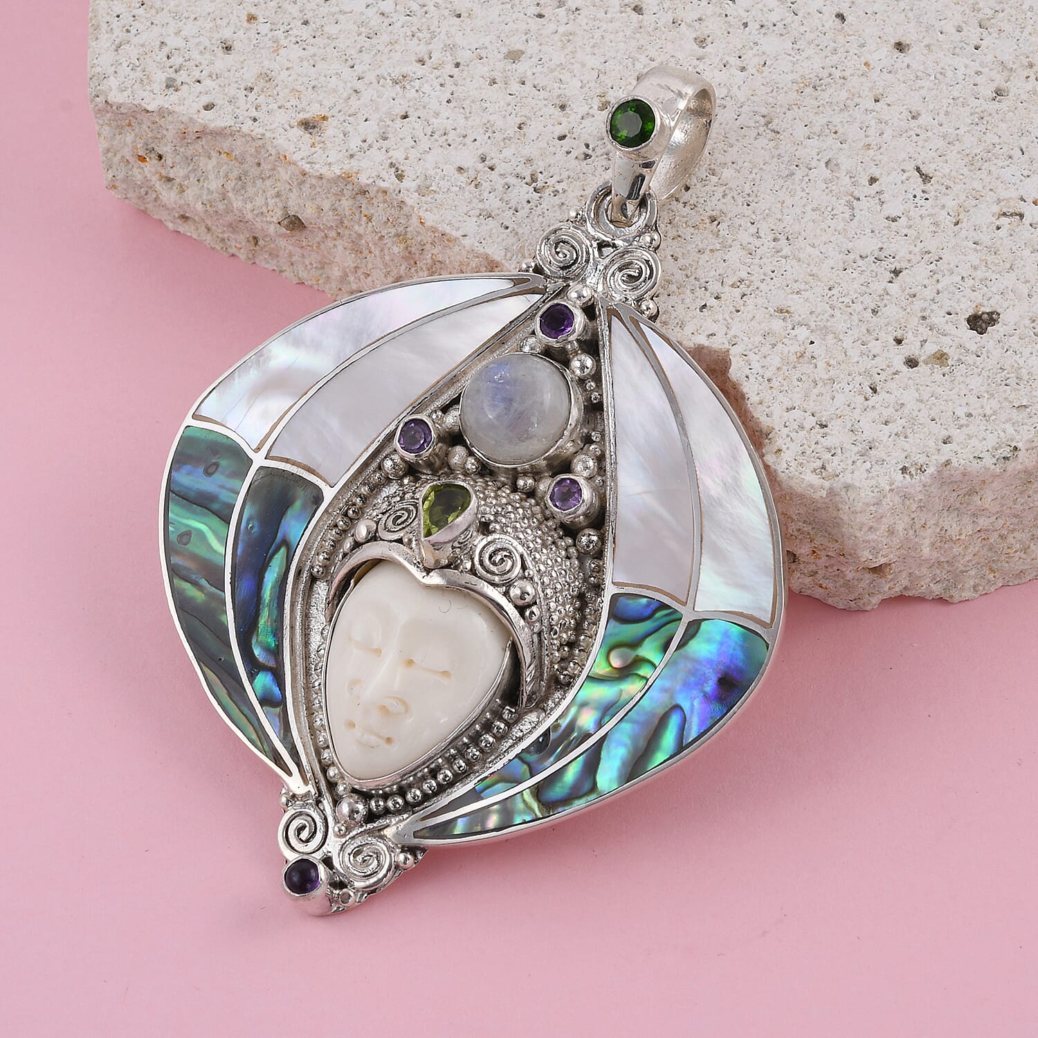 Sajen Silver BALI GODDESS Collection - Carved Ox Bone and Multi Gemstone Pendant in Sterling Silver 18.00 Ct, Silver Wt. 23.90 Gms