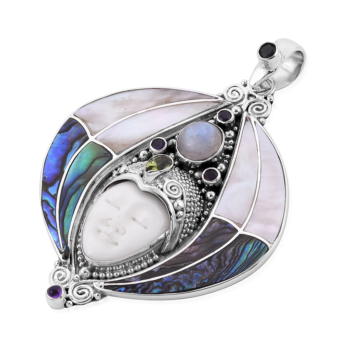 Sajen Silver BALI GODDESS Collection - Carved Ox Bone and Multi Gemstone Pendant in Sterling Silver 18.00 Ct, Silver Wt. 23.90 Gms