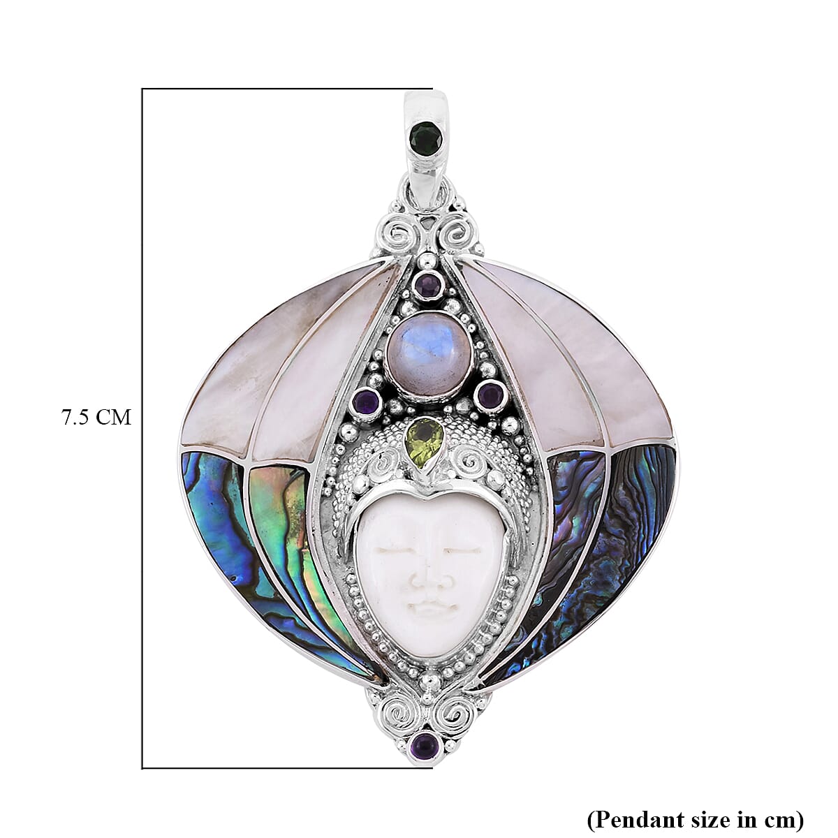 Sajen Silver BALI GODDESS Collection - Carved Ox Bone and Multi Gemstone Pendant in Sterling Silver 18.00 Ct, Silver Wt. 23.90 Gms