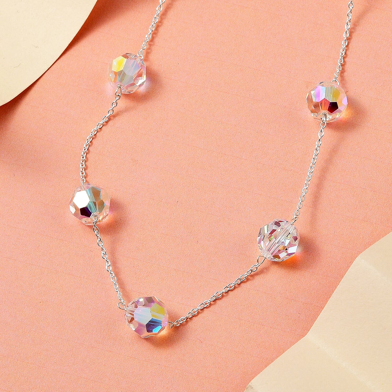 Blue Shade Austrian Crystal Station Necklace (Size - 18) With Spring Ring Clasp in Sterling Silver