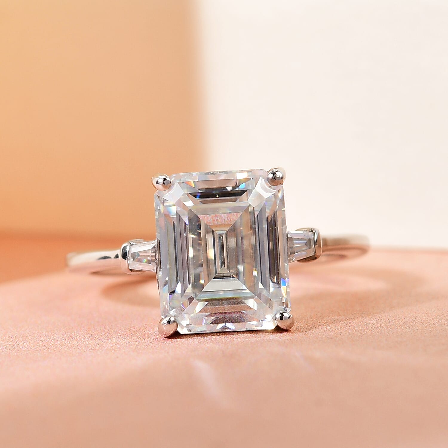 Moissanite Ring in Platinum Overlay Sterling Silver 3.731 Ct.