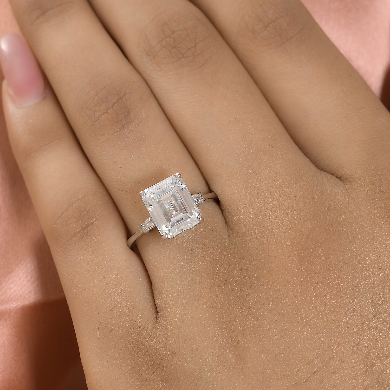 Moissanite Ring in Platinum Overlay Sterling Silver 3.731 Ct.