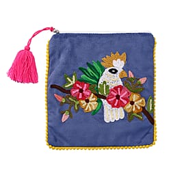 Suede Fabric Zipper Pouch with Colourful Thread Work - Royal Blue
