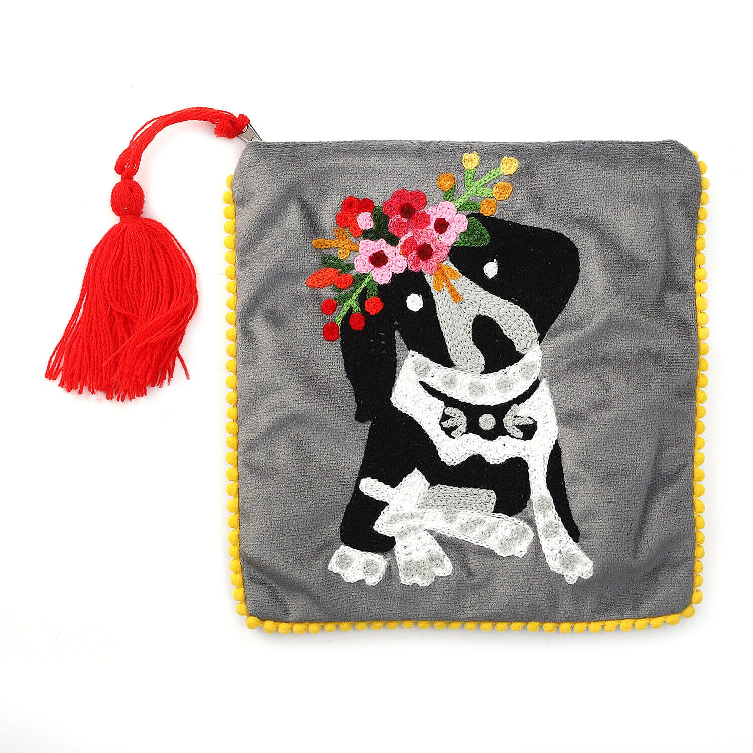 Suede Fabric Zipper Pouch with Colourful Thread Work (Size 17 Cm) - Grey