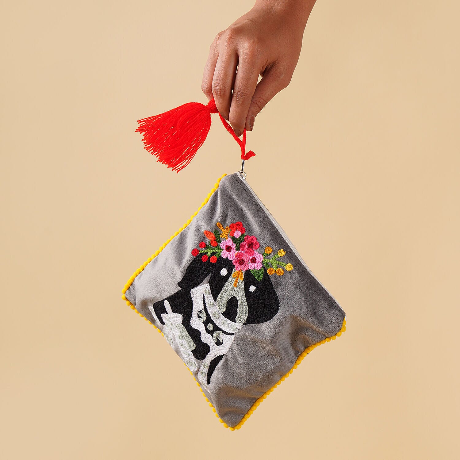 Suede Fabric Zipper Pouch with Colourful Thread Work (Size 17 Cm) - Grey