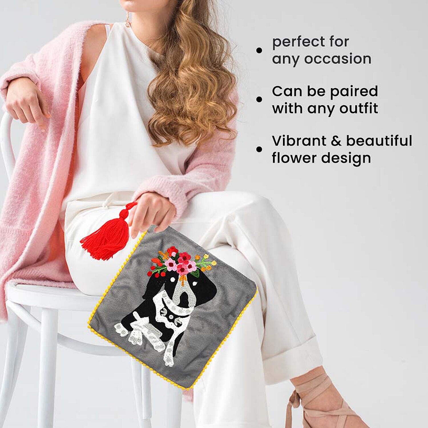 Suede Fabric Zipper Pouch with Colourful Thread Work (Size 17 Cm) - Grey