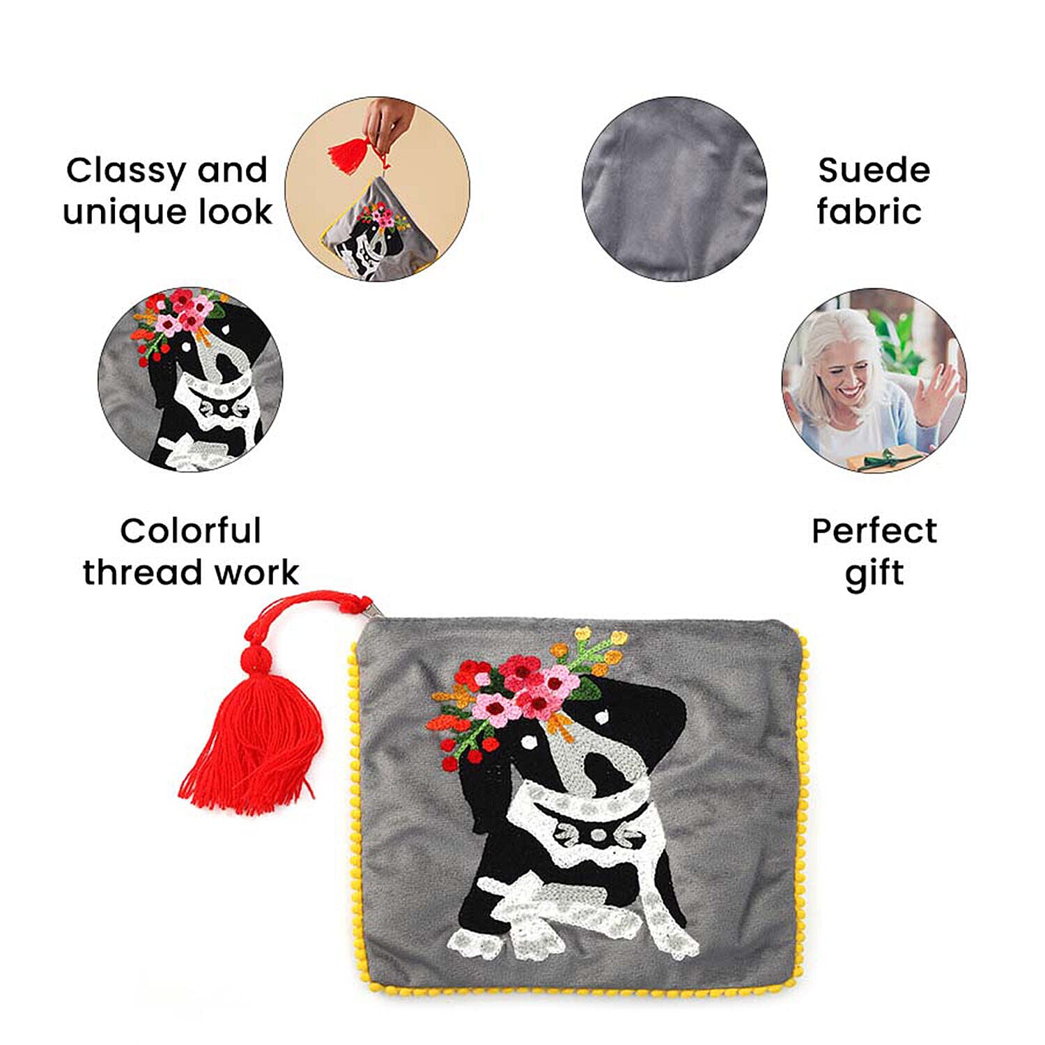 Suede Fabric Zipper Pouch with Colourful Thread Work (Size 17 Cm) - Grey