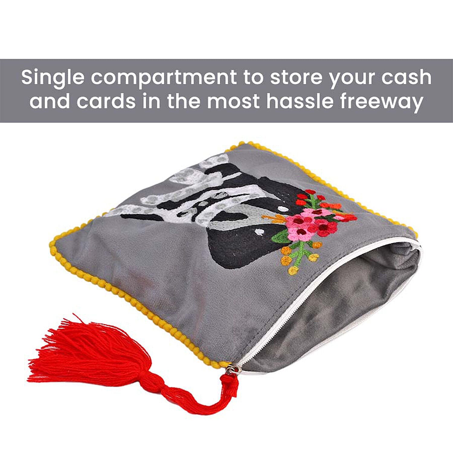 Suede Fabric Zipper Pouch with Colourful Thread Work (Size 17 Cm) - Grey