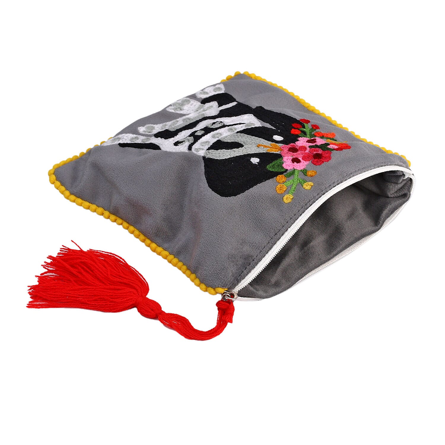Suede Fabric Zipper Pouch with Colourful Thread Work (Size 17 Cm) - Grey