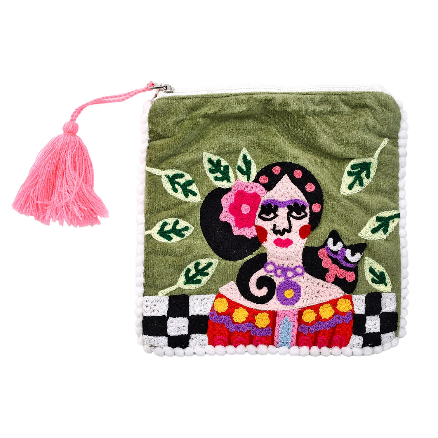 Suede Fabric Zipper Pouch with Colourful Thread Work (Size 17 Cm) - Light Green