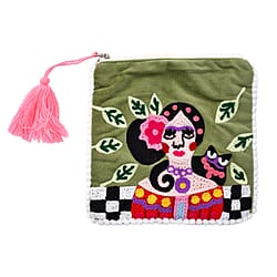 Suede Fabric Zipper Pouch with Colourful Thread Work - Light Green