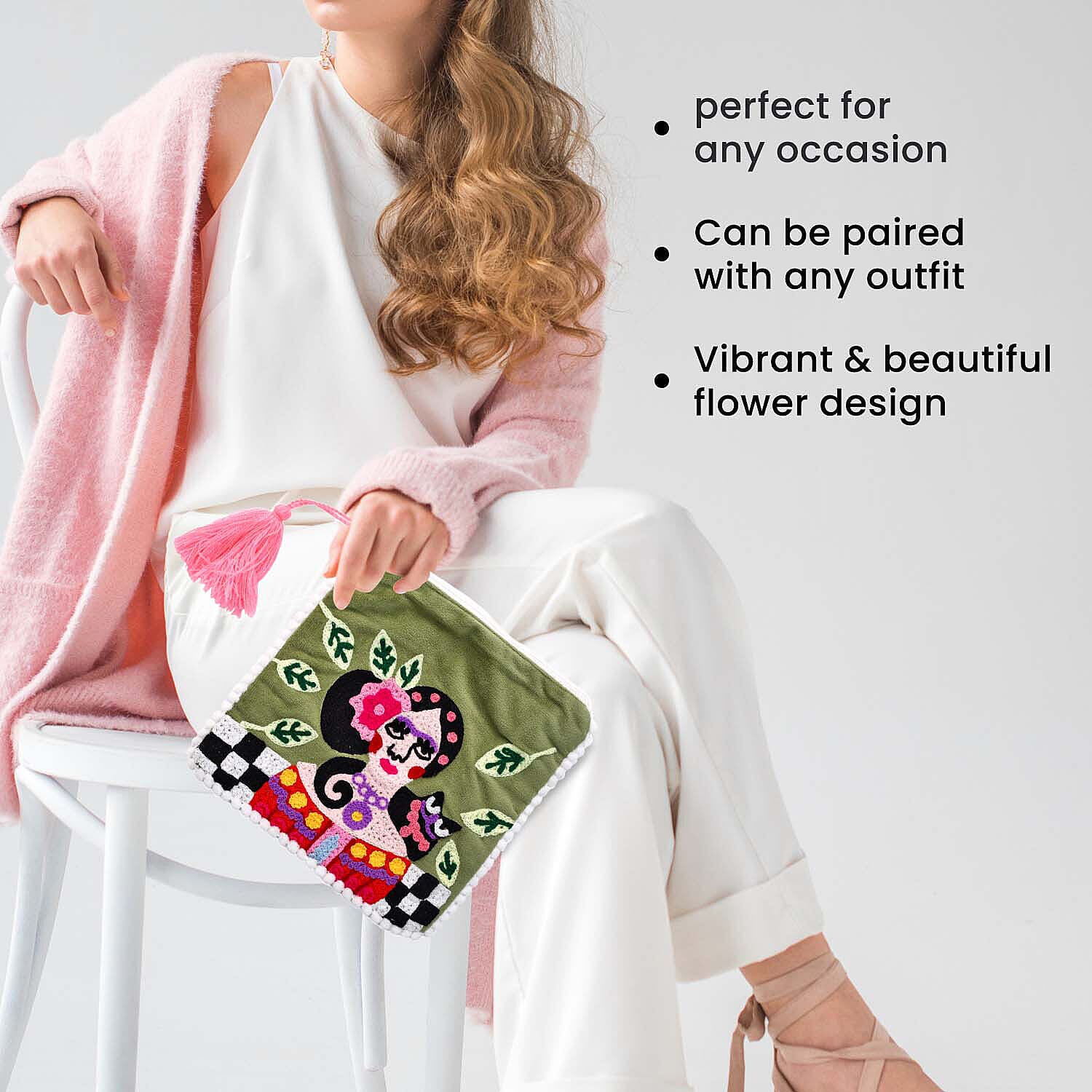 Suede Fabric Zipper Pouch with Colourful Thread Work (Size 17 Cm) - Light Green