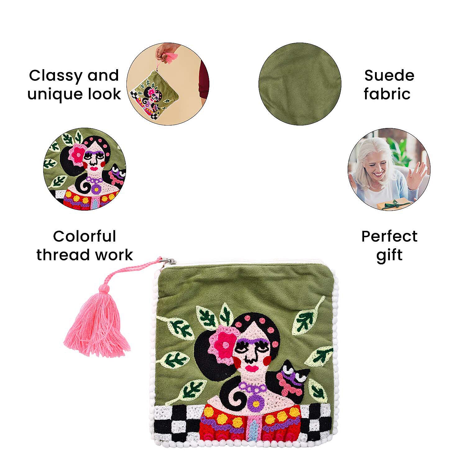 Suede Fabric Zipper Pouch with Colourful Thread Work (Size 17 Cm) - Light Green