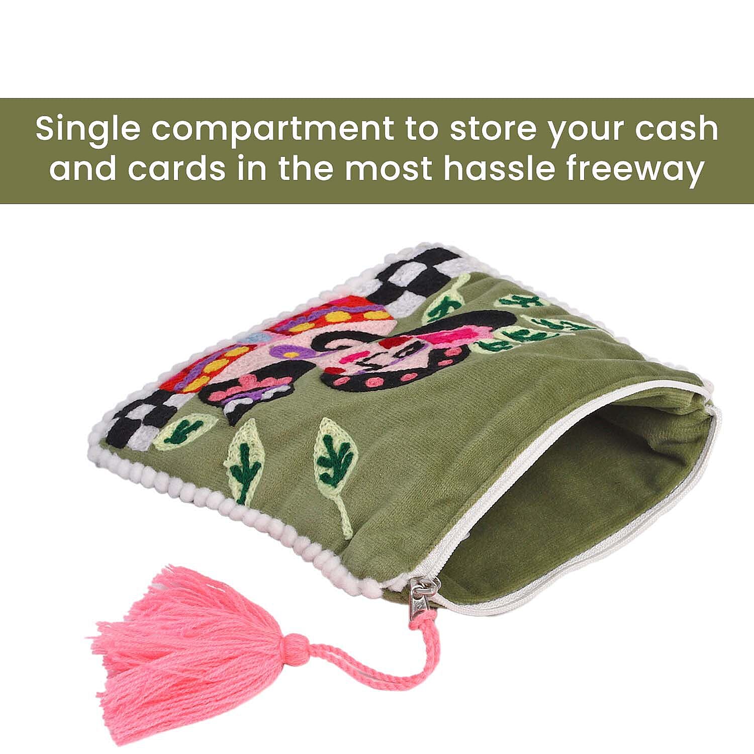 Suede Fabric Zipper Pouch with Colourful Thread Work (Size 17 Cm) - Light Green