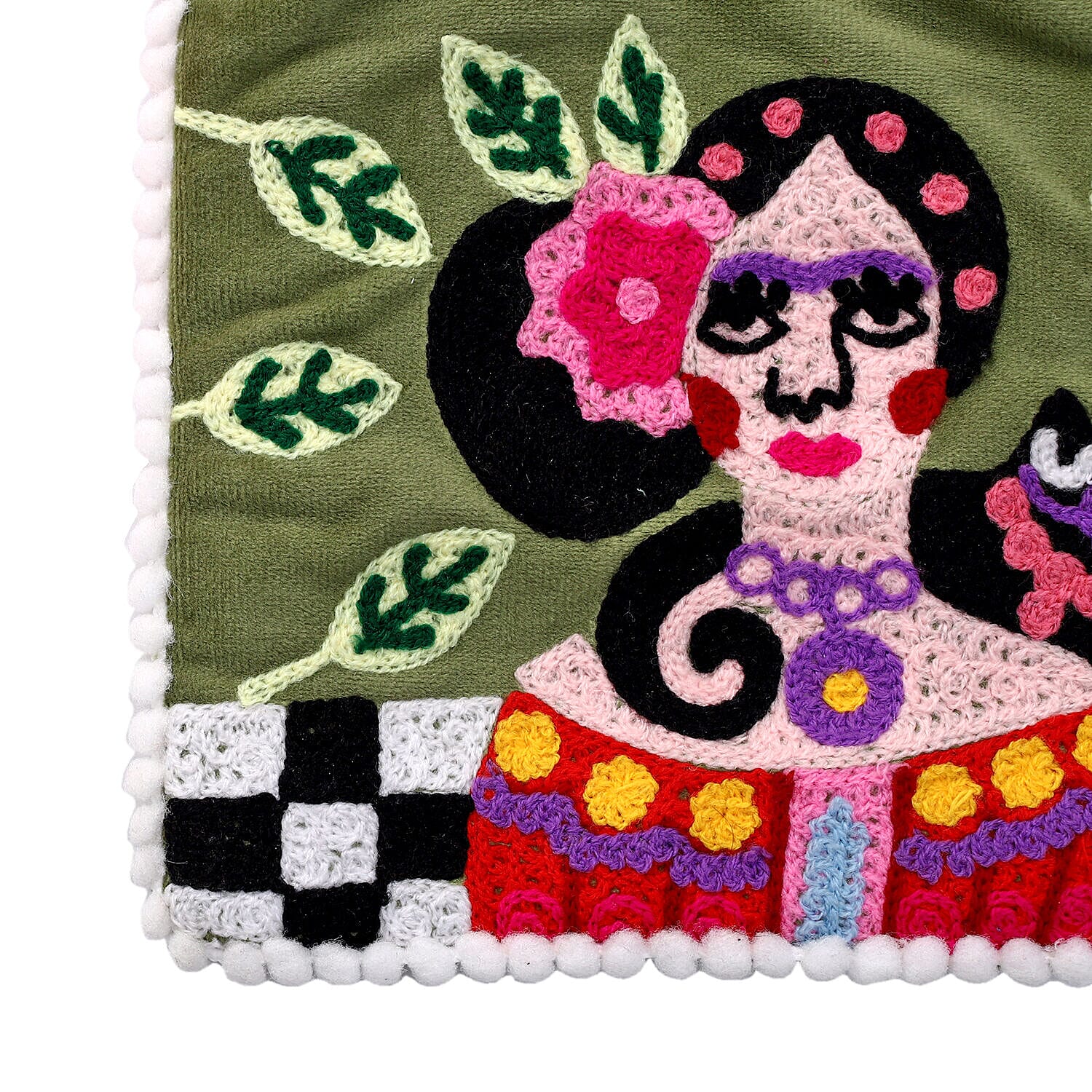 Suede Fabric Zipper Pouch with Colourful Thread Work (Size 17 Cm) - Light Green