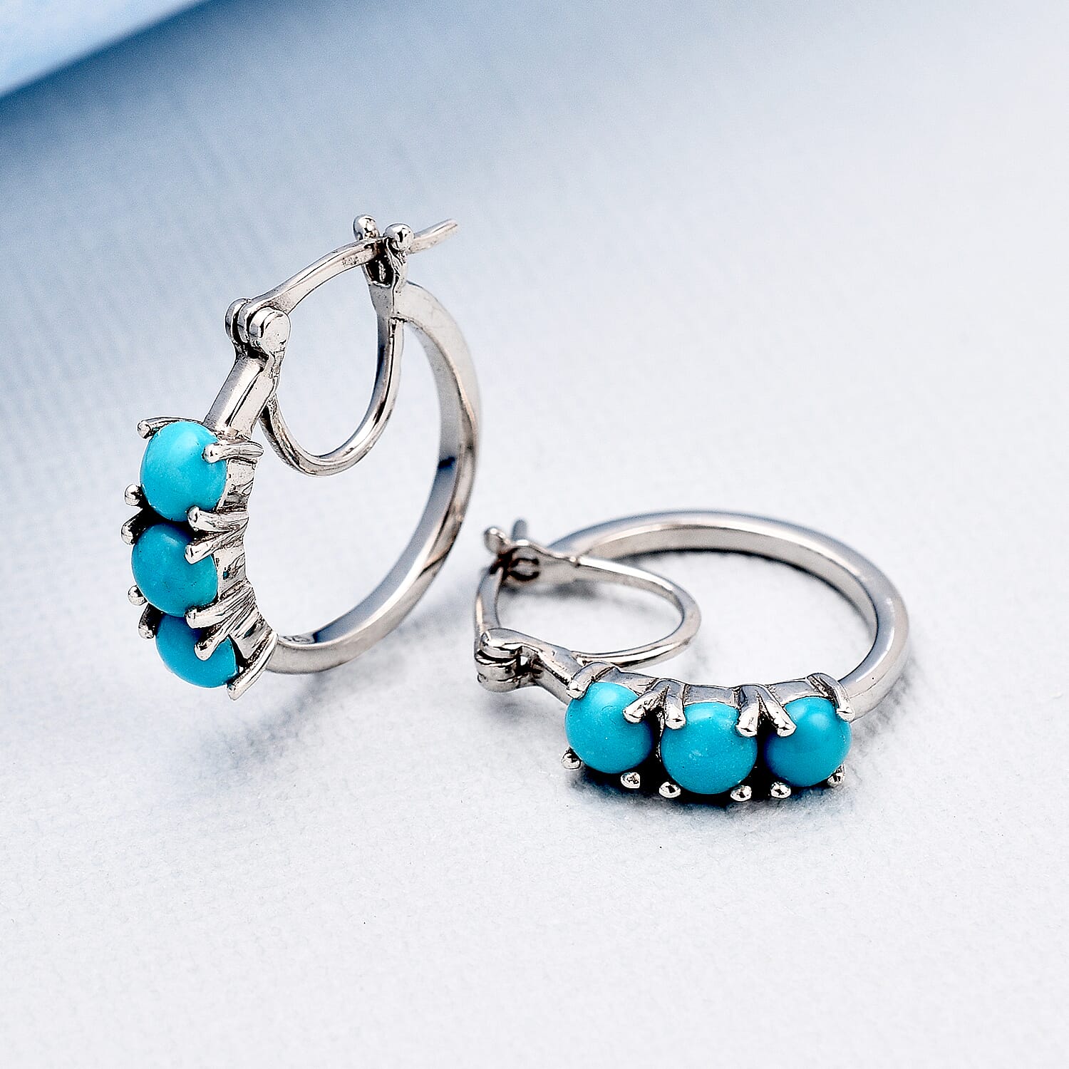 Arizona Sleeping Beauty Turquoise Hoop Earrings (with Clasp) in Platinum Overlay Sterling Silver 1.782 Ct.