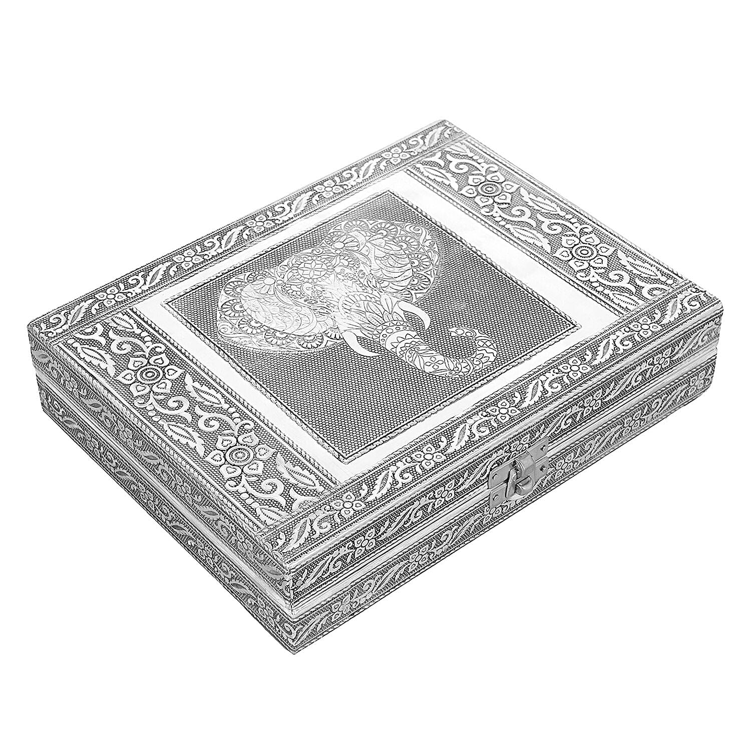 Handcrafted Aluminium Elephant Wisdom Embossed Jewelry Box (Size 23x17x5 cm) - Silver