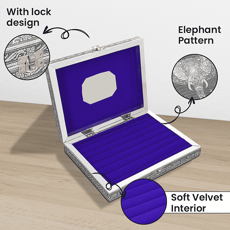 Handcrafted Aluminium Elephant Wisdom Embossed Jewelry Box (Size 23x17x5 cm) - Silver