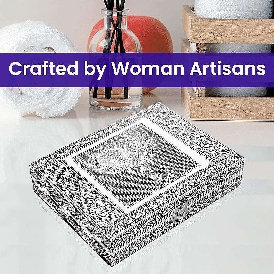 Handcrafted Aluminium Elephant Wisdom Embossed Jewelry Box (Size 23x17x5 cm) - Silver