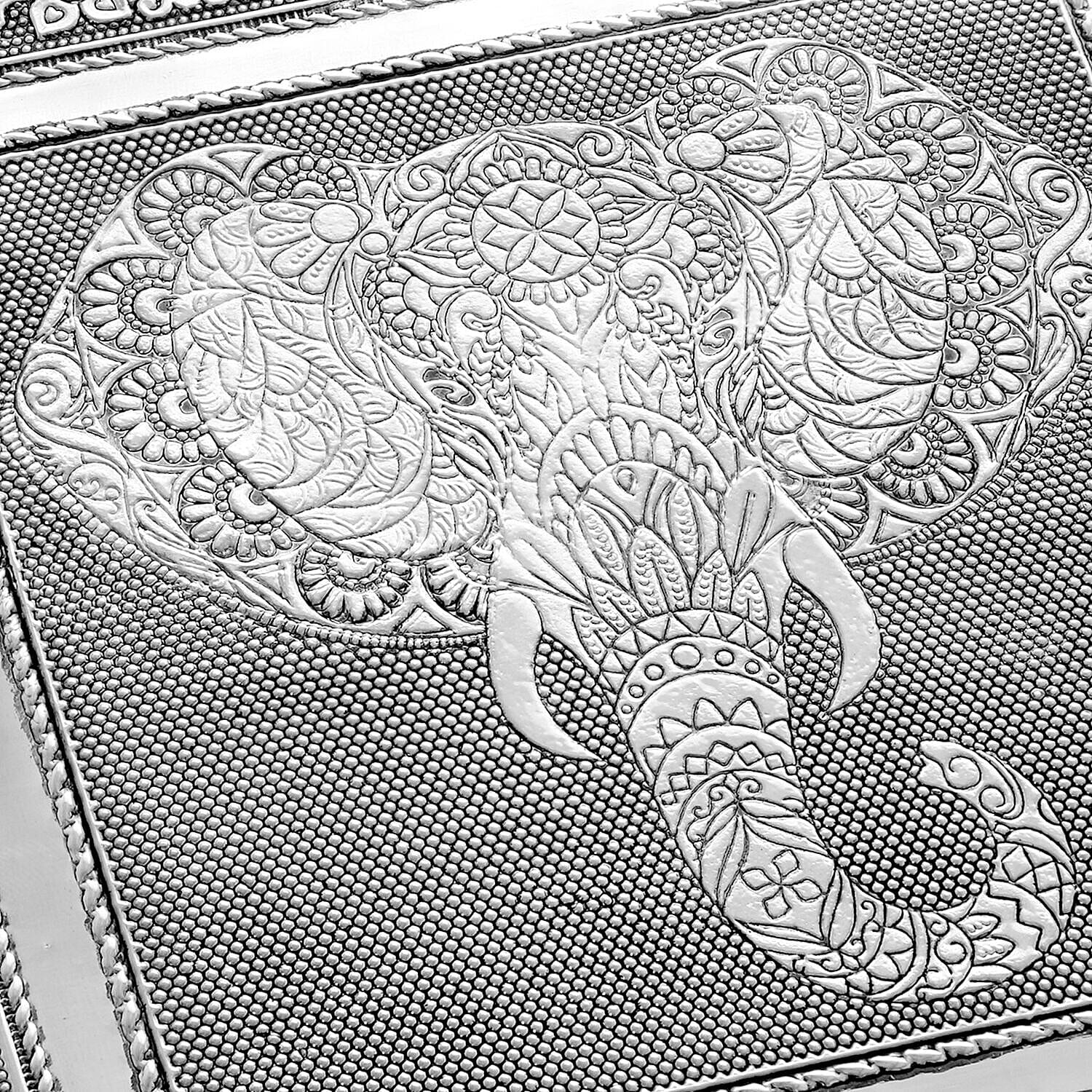 Handcrafted Aluminium Elephant Wisdom Embossed Jewelry Box (Size 23x17x5 cm) - Silver