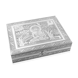 Handcrafted Aluminium Elephant Wisdom Embossed Jewelry Box (Size 23x17x5 cm) - Silver