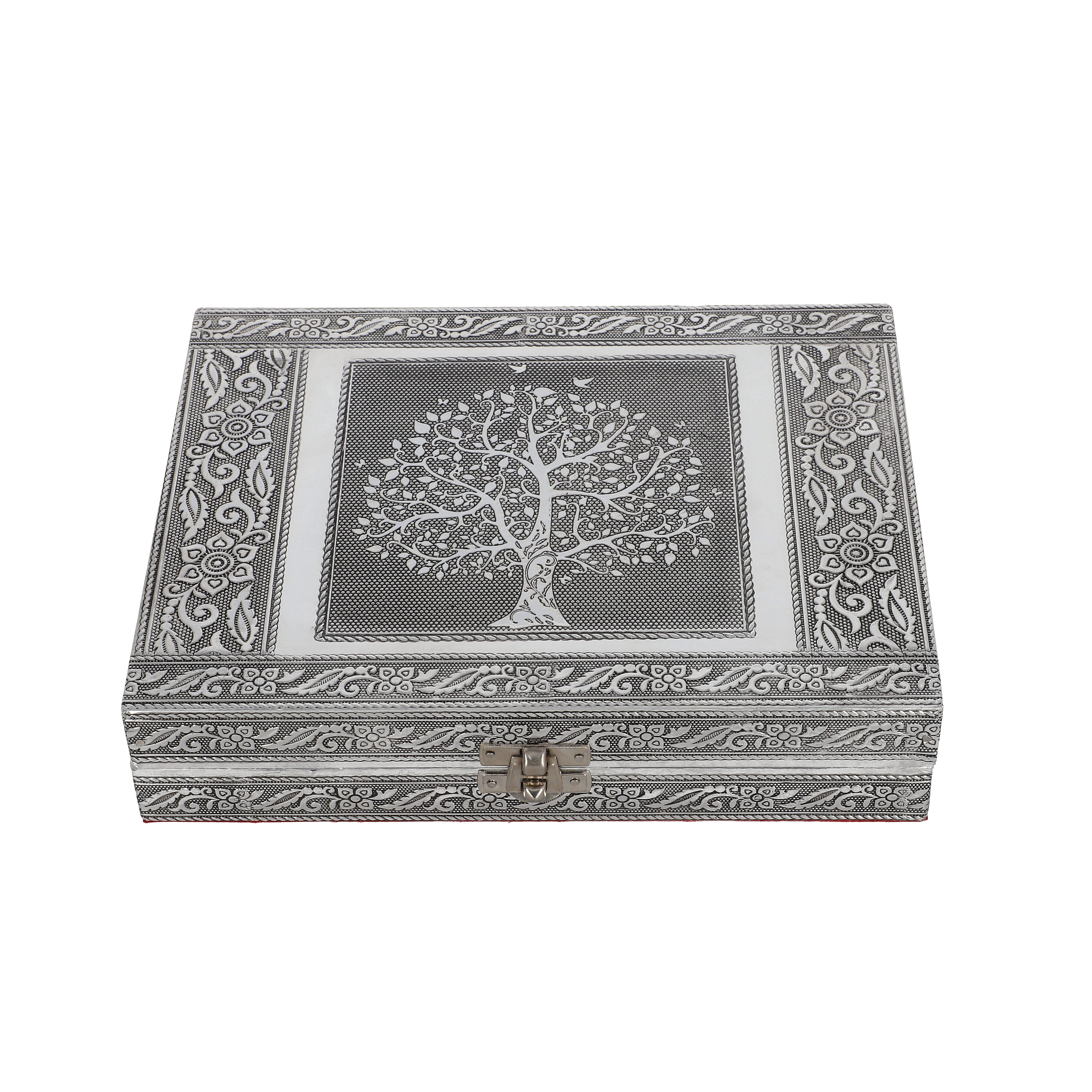 Handcrafted Aluminium Tree of Life Embossed Jewelry Box (Size 23x17x5 cm) - Silver