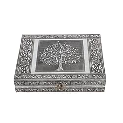 Handcrafted Aluminium Elephant Wisdom Embossed Jewelry Box (Size 23x17x5 cm) - Silver
