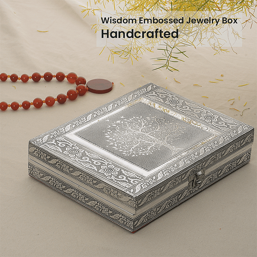 Handcrafted Aluminium Tree of Life Embossed Jewelry Box (Size 23x17x5 cm) - Silver