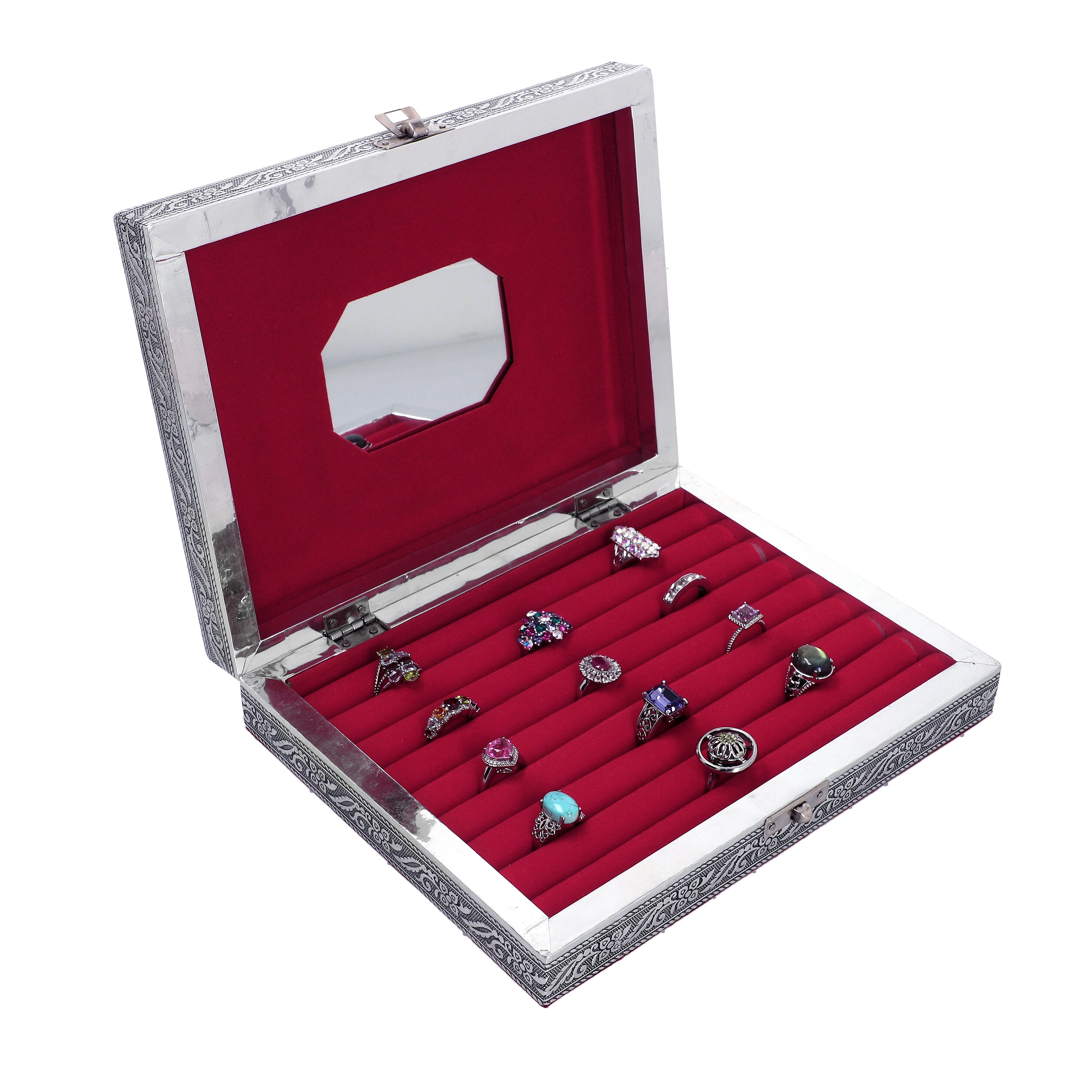 Handcrafted Aluminium Tree of Life Embossed Jewelry Box (Size 23x17x5 cm) - Silver