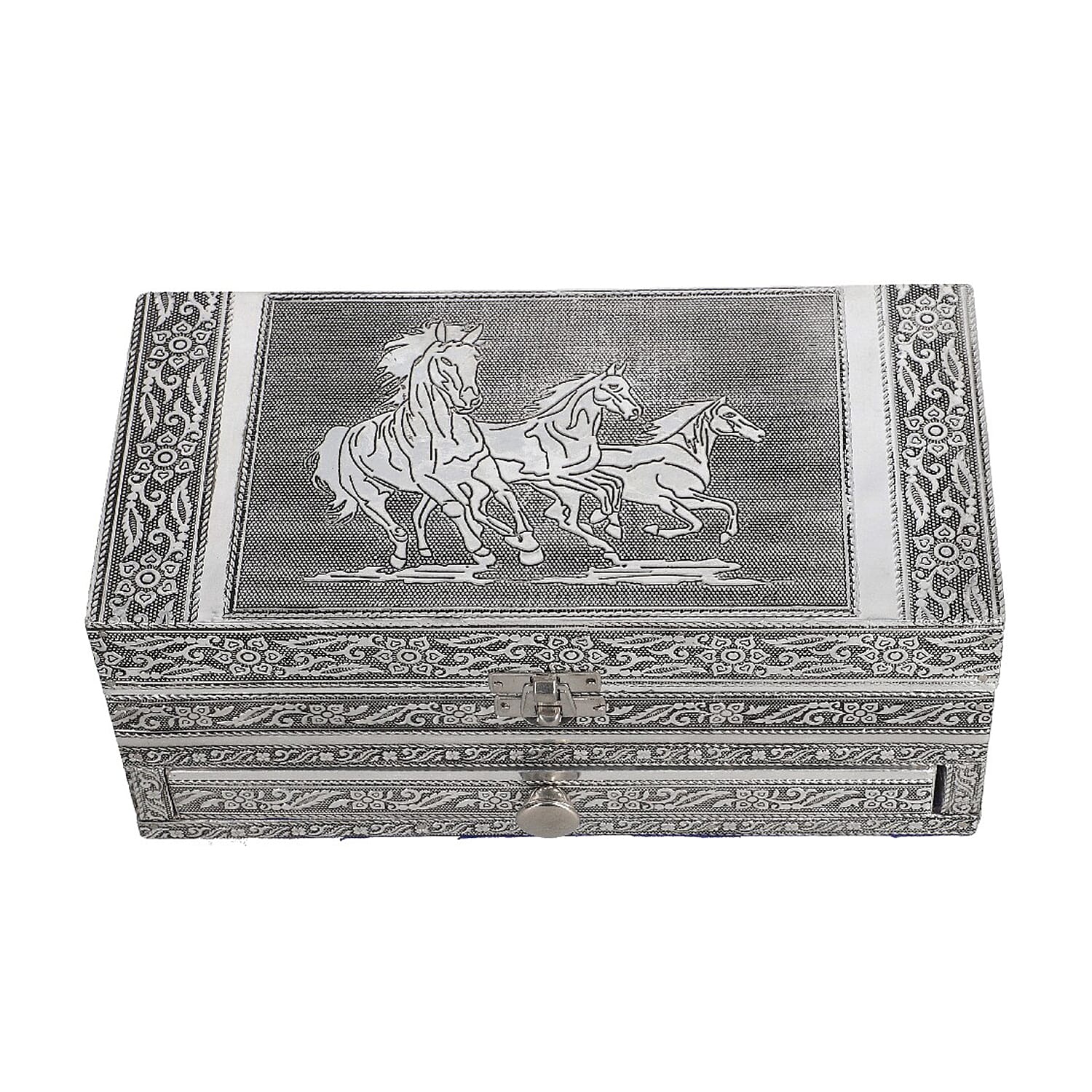 Hand Made 4 level Aluminium Horse Embossed Jewellery Box with Mirror(Size 25x12x10 cm) - Silver