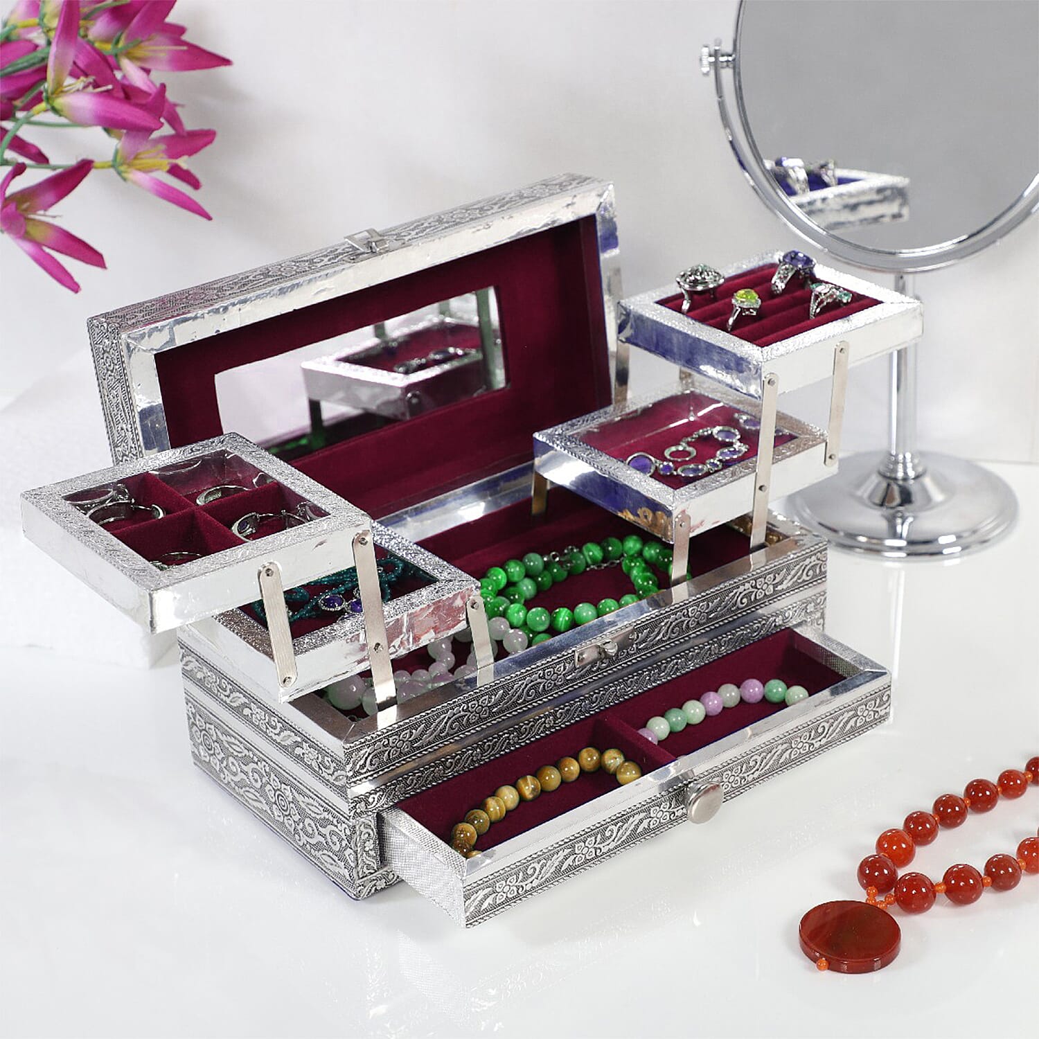 Hand Made 4 level Aluminium Horse Embossed Jewellery Box with Mirror(Size 25x12x10 cm) - Silver