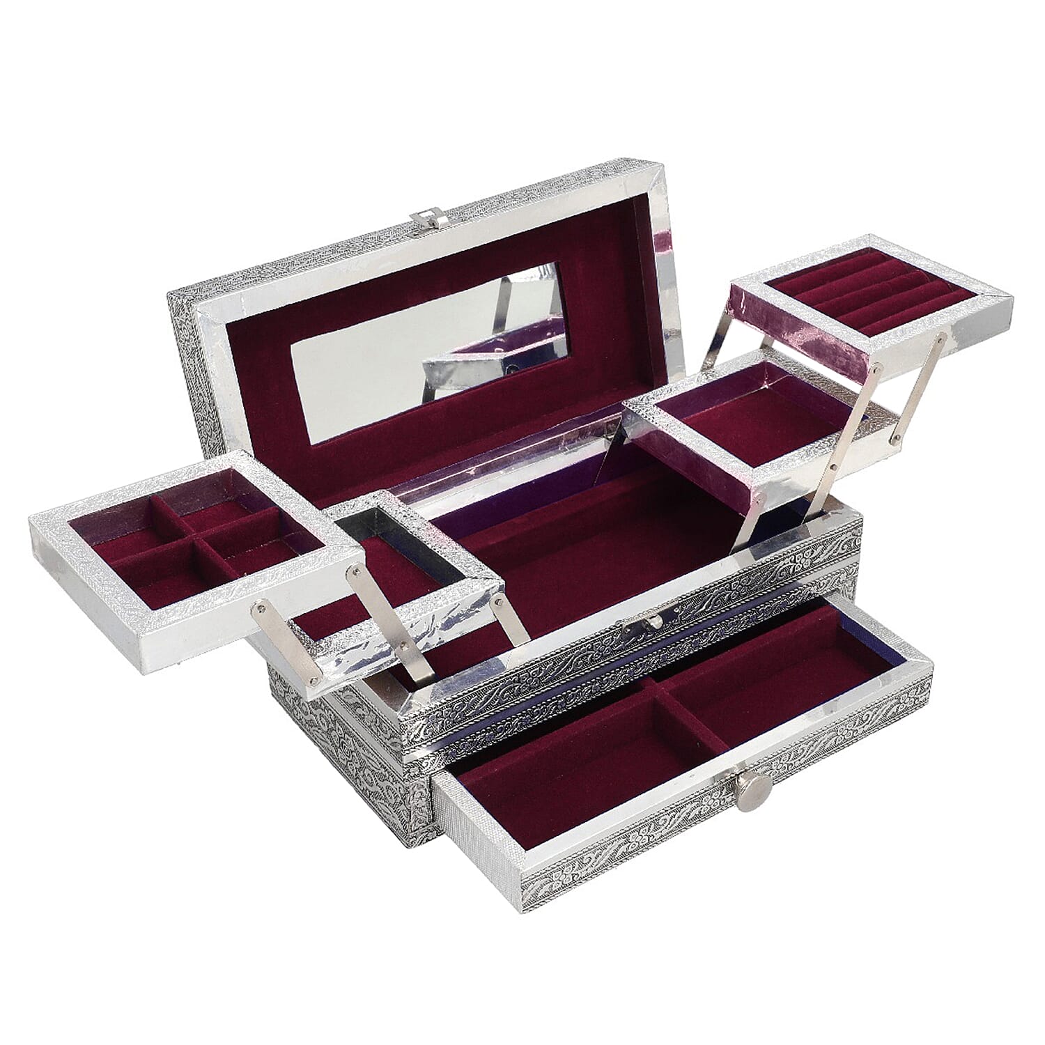 Hand Made 4 level Aluminium Horse Embossed Jewellery Box with Mirror(Size 25x12x10 cm) - Silver