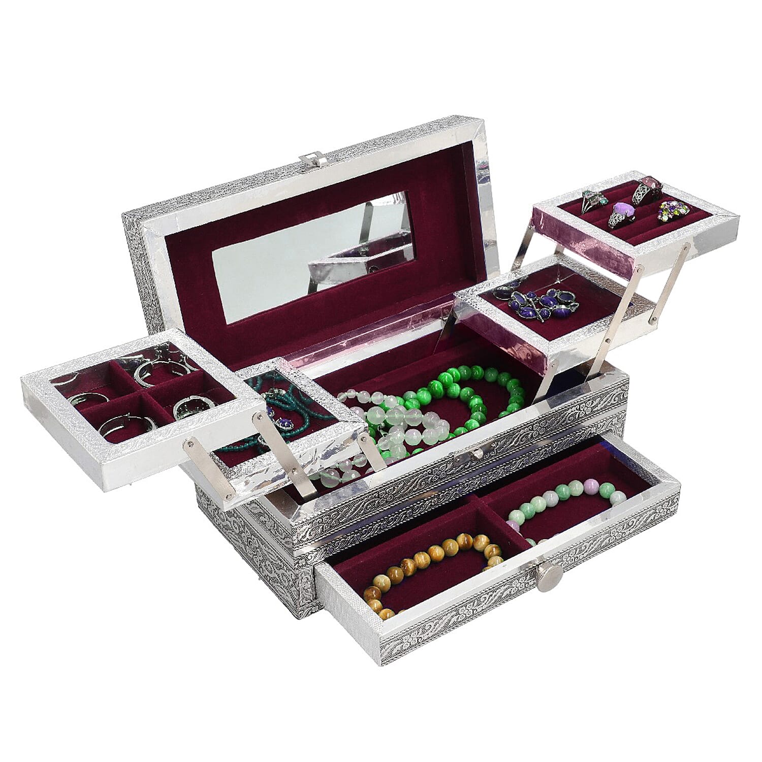 Hand Made 4 level Aluminium Horse Embossed Jewellery Box with Mirror(Size 25x12x10 cm) - Silver