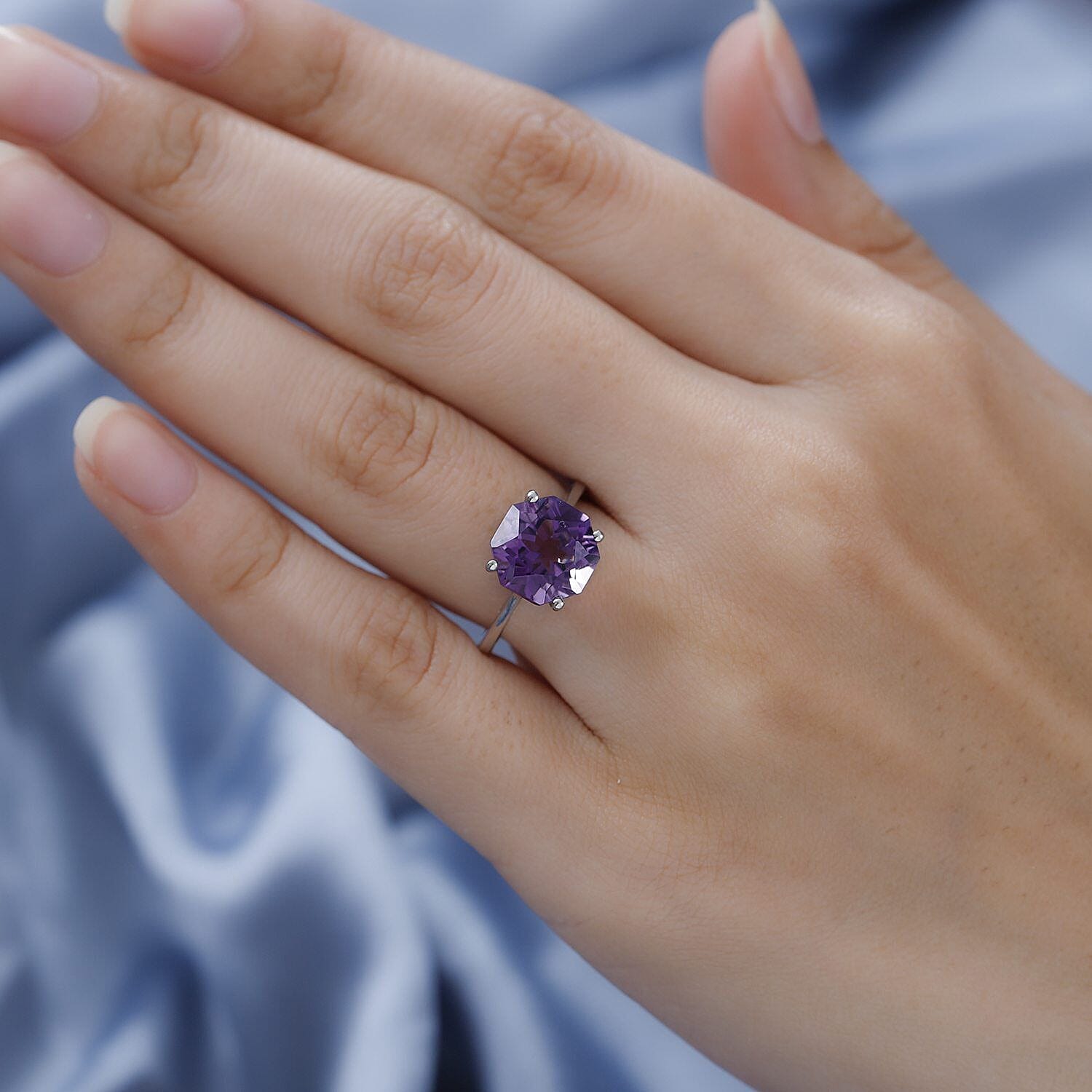 Amethyst Solitaire Ring in Platinum Overlay Sterling Silver 3.99 Ct.