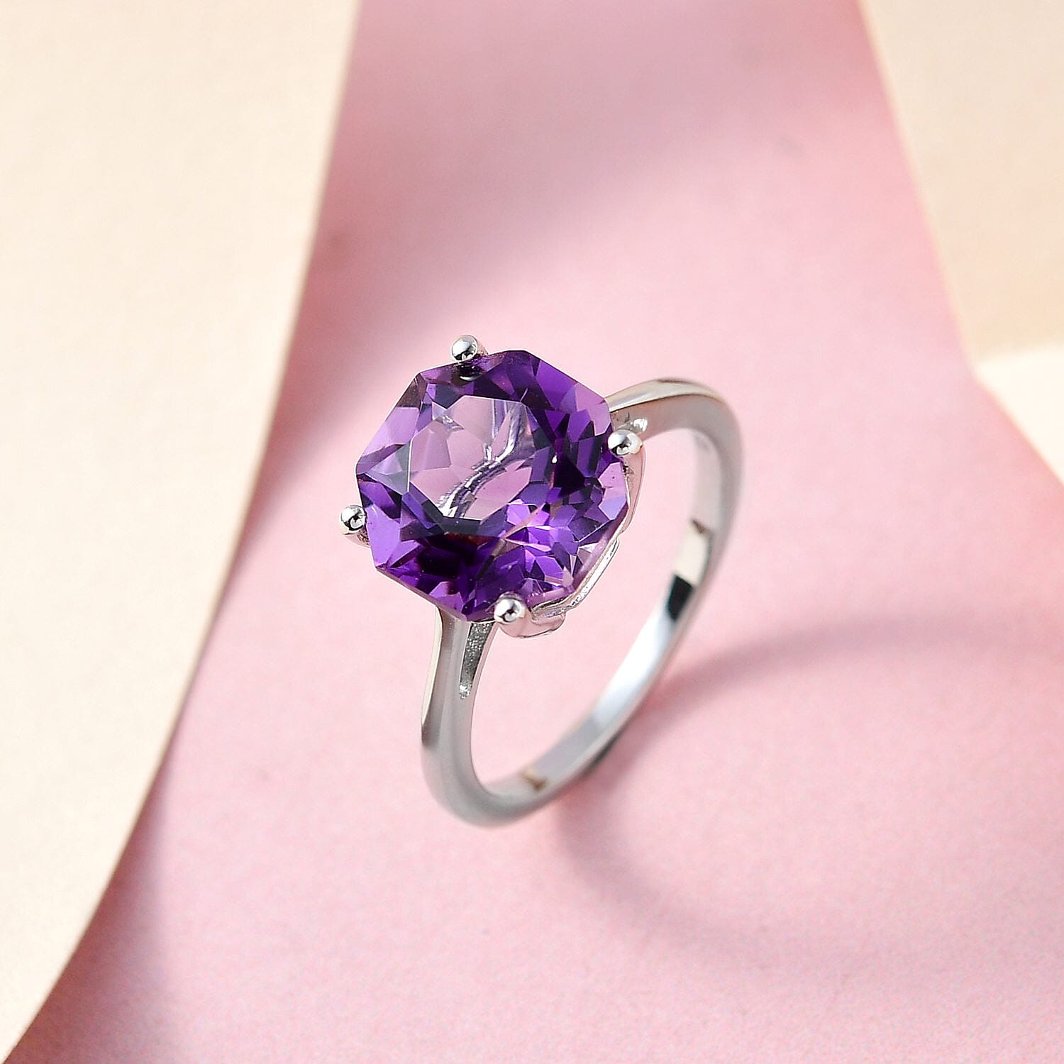 Amethyst Solitaire Ring in Platinum Overlay Sterling Silver 3.99 Ct.
