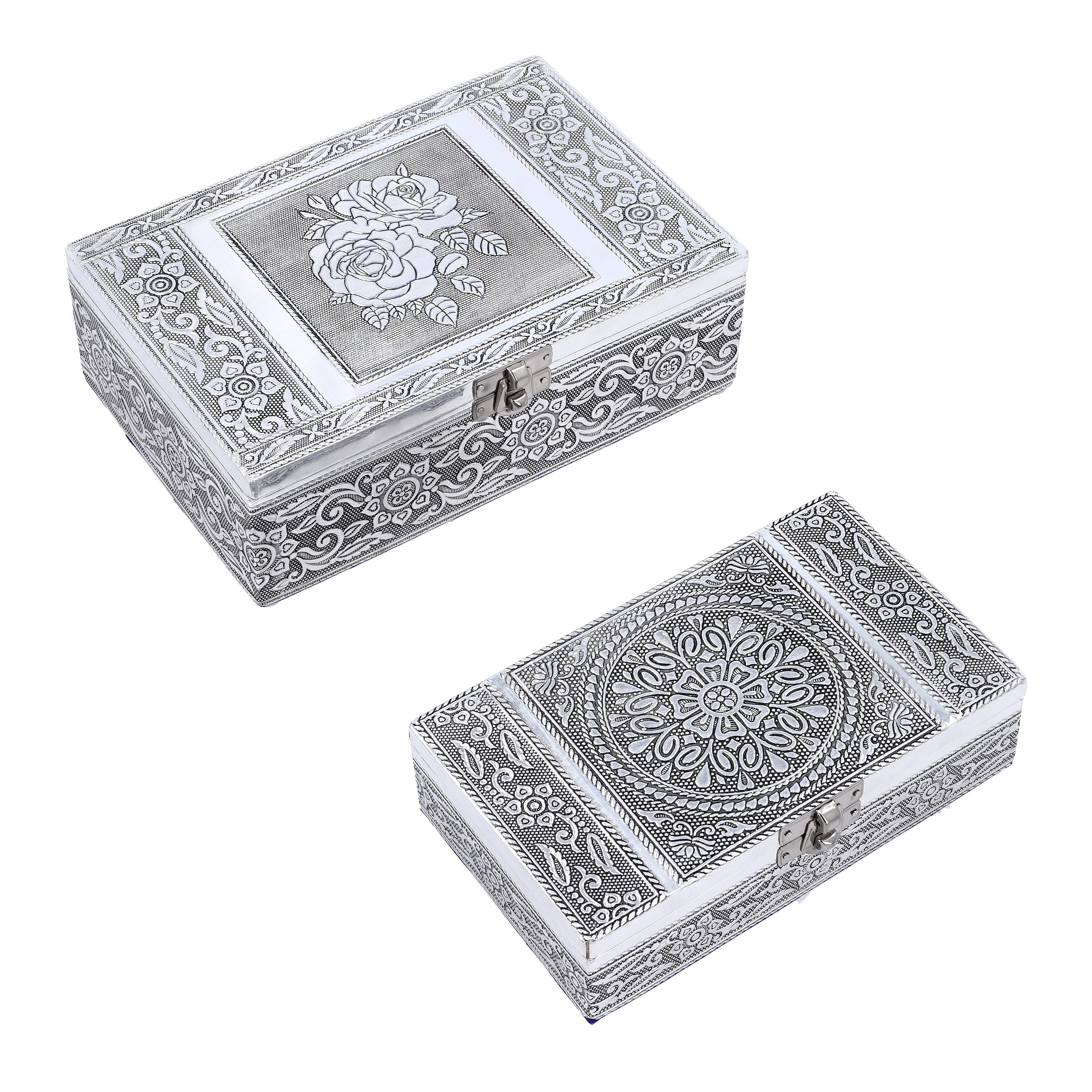 Set of 2 - Rose Embossed Aluminium Storage Box (Size 20x13x7 Cm & 16x10x5 Cm)